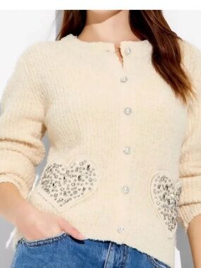 Wicked X Katie Kime Embellished Heart Pocket Cream Knit Cardigan. Sz XL.